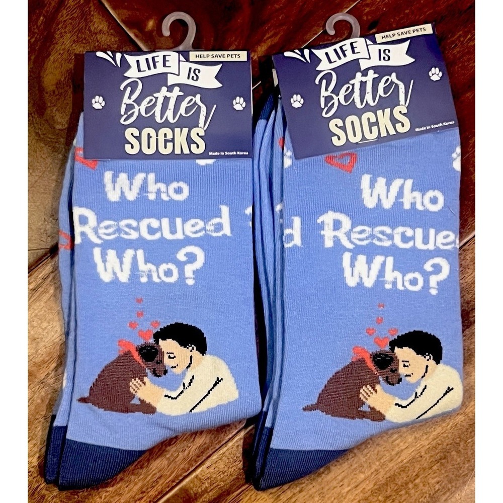 Life Is Better Socks Who Rescued Who? Dog Rescue Crew Socks NWT Unisex Blue